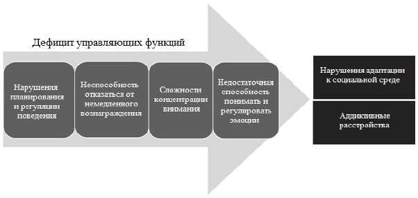 Рис. 1. Дефицит управляющих когнитивных функций как потенциальный этиологический субстрат для расстройств поведенческой регуляции