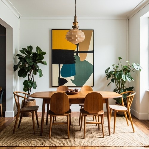 Современная столовая середины XX века с абстрактными настенными росписями и комнатными растениями.
«Столовая в стиле модерн середины XX века с тиковым столом, стульями в форме буквы W, яркими абстрактными картинами на стенах и комнатными растениями»



