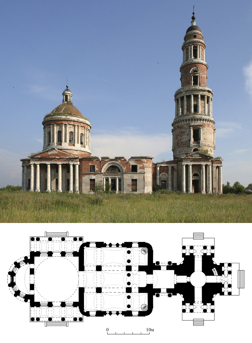 Церковь Рождества Богородицы в селе Перевлес Рязанской обл. 1824-1839. Фото 2011 и план
