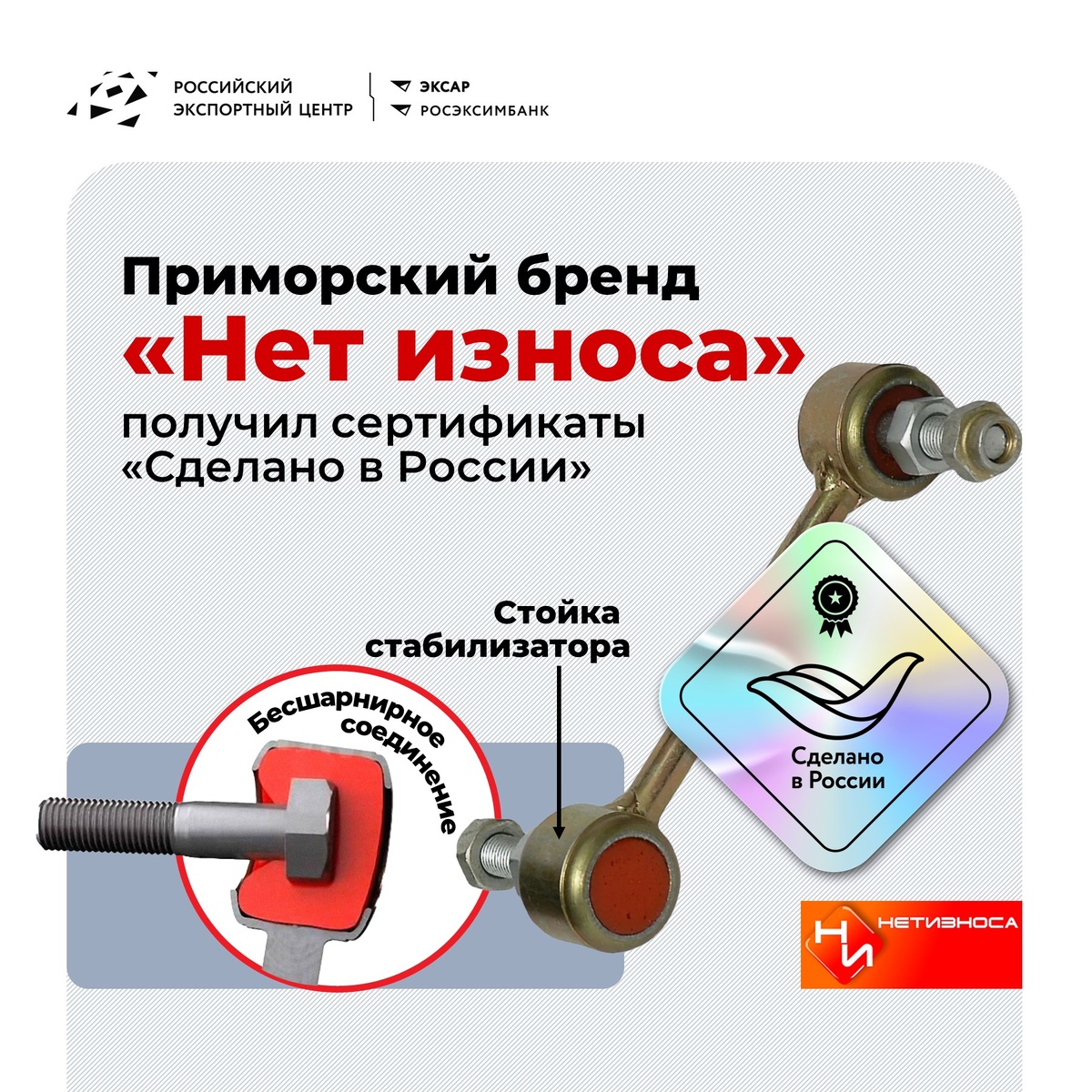 Стойки стабилизатора с упругим полиуретановым элементом для подвески легковых автомобилей импортного и отечественного производства приморского бренда «Нет износа» получили сертификаты «Сделано в России». 