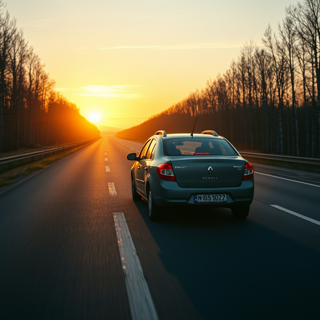 Renault Logan 2015, покрытый дорожной пылью, едет по бесконечному российскому шоссе, закат над березовым лесом