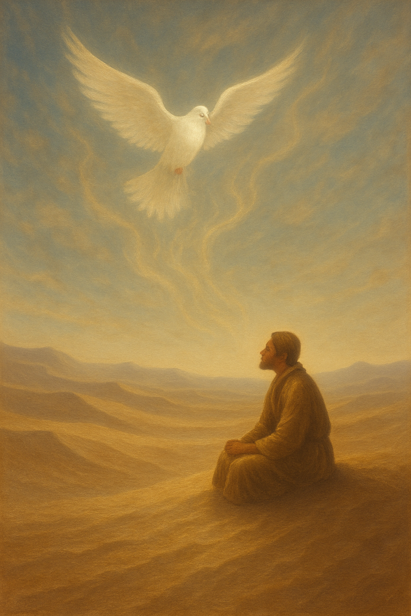 Пустыня и Ведение Духом
Описание:

На  изображении — мистическая картина пустыни, где всё пространство наполнено тишиной и присутствием. Песчаные волны простираются до горизонта, словно символизируя внутреннюю глубину и отсутствие всего мирского. Ни деревьев, ни зданий, ни теней — только свет и пустота.

В центре — фигура, сидящая в полном покое. Её лицо не выражает страдания, только сосредоточенность и внутреннюю ясность. От фигуры не исходит ни слабости, ни гордыни — она в покое, потому что ведомо Духом.

Над фигурой — белый голубь, не птица, но явление. Он не прилетел — он снизошёл. Его сияние проникает в воздух, и тени пустыни начинают светиться изнутри. Голубь — не образ, но само присутствие Святого Духа. Он не наставляет словами, но уводит в глубину истины.

Толкование:

Эта сцена — не воспоминание и не иллюстрация, а откровение. Пост не совершается усилием воли, а начинается в тот миг, когда Дух ведёт. Не человек ищет пост, а пост нисходит, как свет — когда приходит полнота времени. Здесь нет борьбы с телом, нет самопринуждения — здесь только следование, только покой, только истина