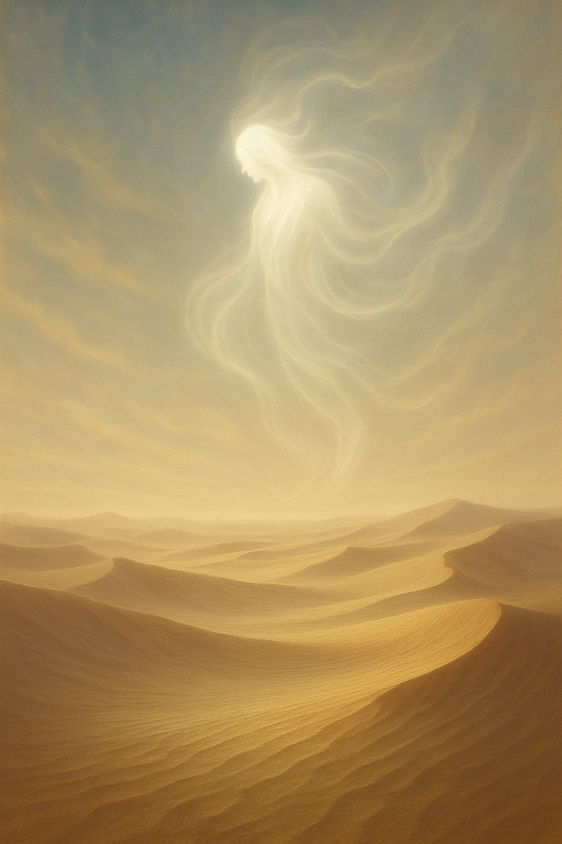 Видение в духе — ведущий Дух и ведомый
Описание:

 Изображение наполнено мягким светом. Фигура, сидящая в пустыне, смотрит вверх, но взгляд её не телесен — он внутренний. От неё не исходит страсти, напряжения, борьбы — только тишина. Она ведомая, не ведомая собой, но Духом.

Дух в образе сияющего голубя не парит, но как будто раскрывается в воздухе — не над, а сквозь пространство. Его крылья не двигаются, но расширяют само небо, делая воздух прозрачным, а время — исчезающим.

Лучи, исходящие от Духа, не освещают внешнее, но пробуждают внутреннее. Это — не внешнее чудо, а встреча. Это — не начало подвига, а окончание себя.

Толкование:

На этом изображении — не религиозное поклонение и не ритуальное действие. Это чистое ведение: от Духа — к духу. От света — к безмолвному покою. Всё, что неведомо разуму, становится ясным. Ведущий здесь не говорит, а является. Ведомый не действует, а покоряется без усилия. Это — и есть пост, рождающийся в пустыне духа, не от воли, но от истины