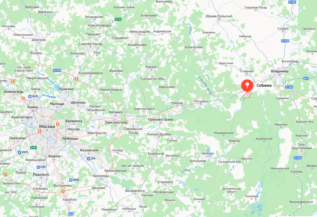 Расположение Собинки на карте относительно Москвы и Владимира