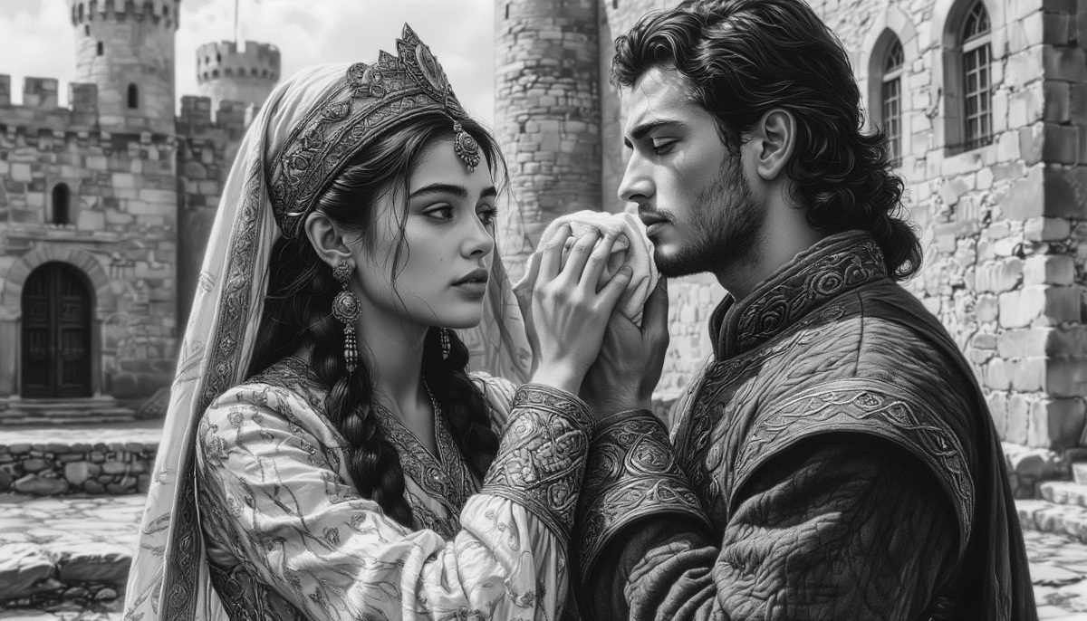 Благородная Бала-хатун молча ухаживает за вернувшимся из боя Османом, смывая с его лица следы жестокой битвы