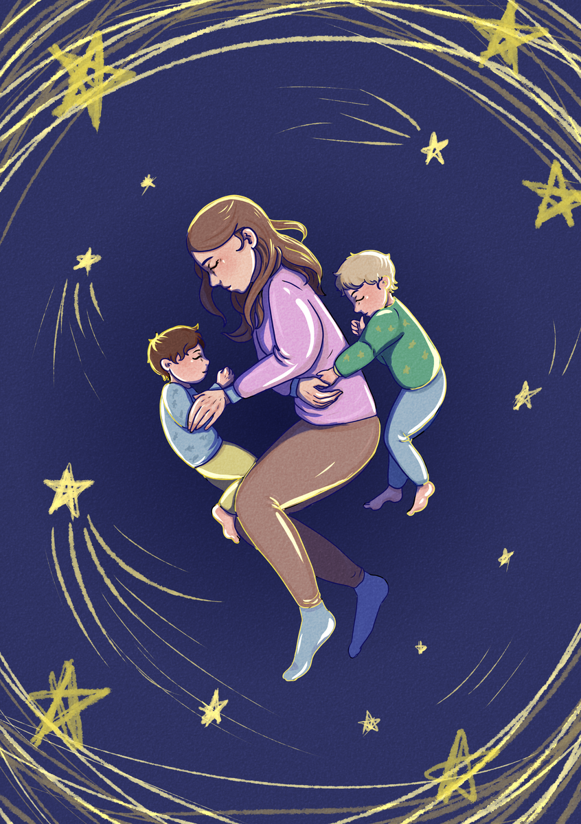 Каждый день, засыпая, она могла обнять своих мальчиков. Размещались все трое на старом пружинистом диване. И, когда она поворачивалась на свой любимый правый бок, Лева буквально душил ее спину в объятьях. Иллюстрация Елизаветы Петрыкиной