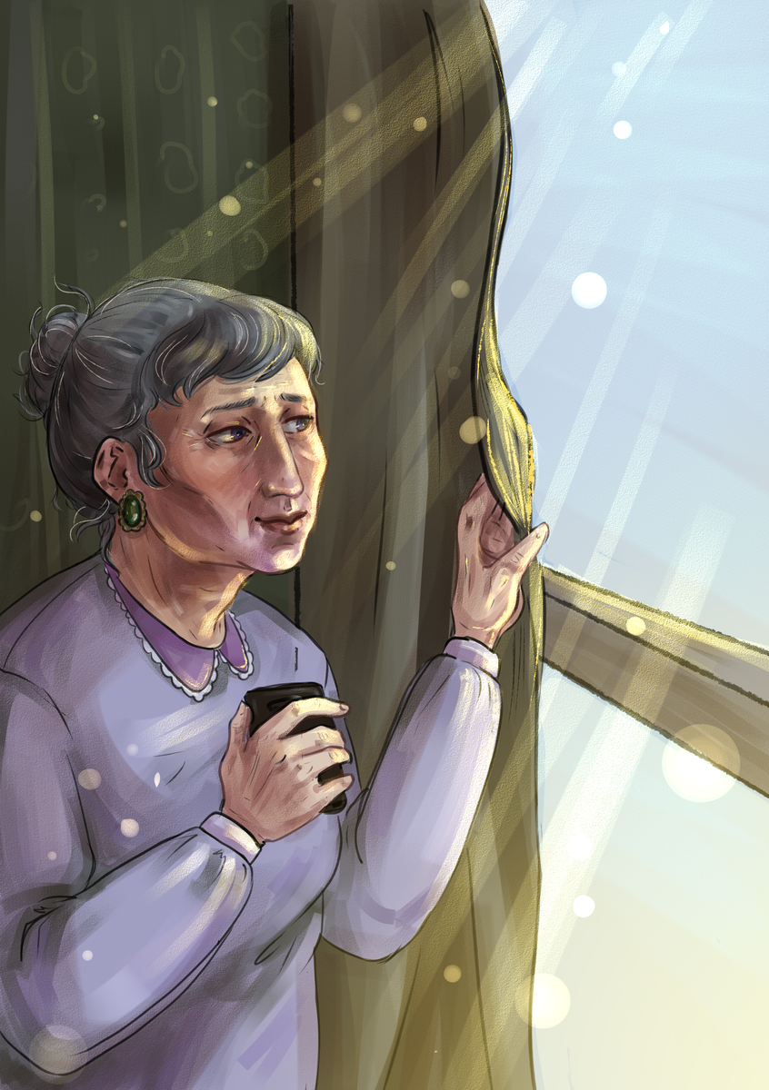 Михайловна в недоумении подошла к подоконнику, готовая ко всему, крепко сжимая телефон в руке. Иллюстрация Елизаветы Петрыкиной