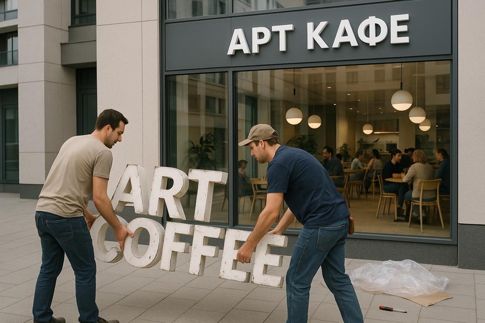 Вывеска на английском языке меняется на вывеску на русском языке оп новому закону №168-ФЗ (пример замены)