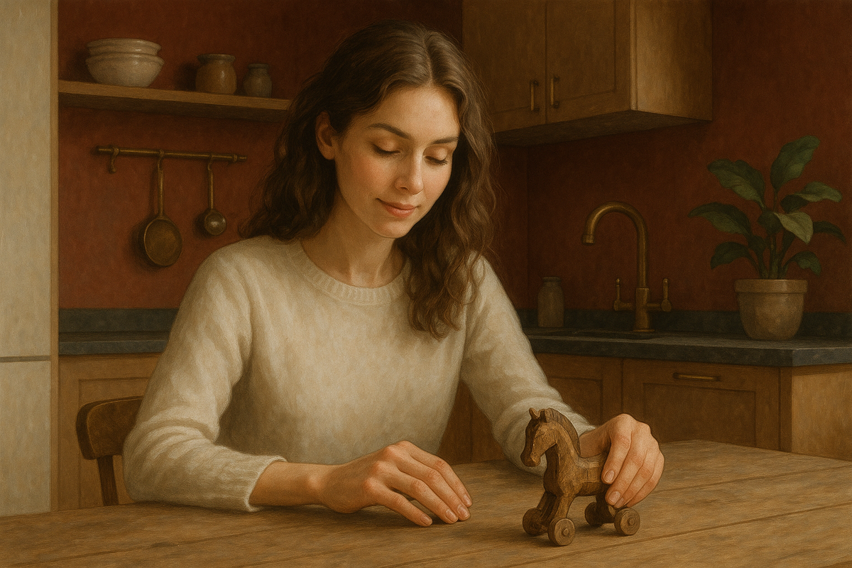 Я вчера нашла даже деревянных коней для декора на барахолке. Возилась полдня за компьютером, конечно, но ощущение такое, будто в этих самых коней играла. Иллюстрация нейросети - настроение именно такое. 