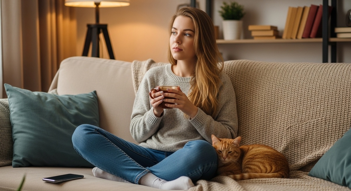 Молодая русская девушка с чашкой чая задумчиво смотрит на выключенный телефон — визуализация тревоги FOMO.