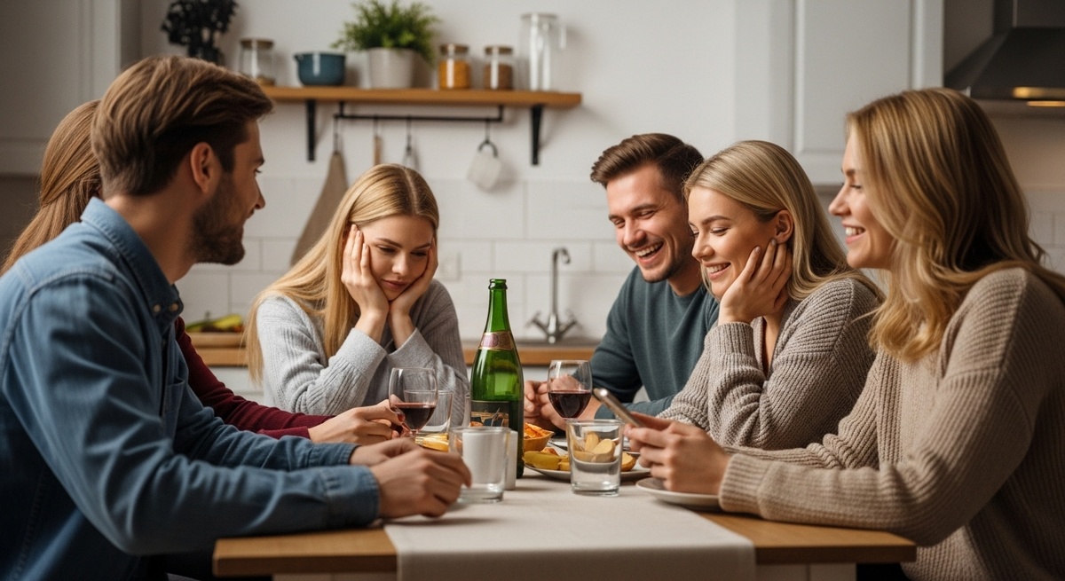 Компания друзей смеётся за столом, одна девушка в стороне — проверяет телефон, не может отпустить ощущение «что-то упускаю».