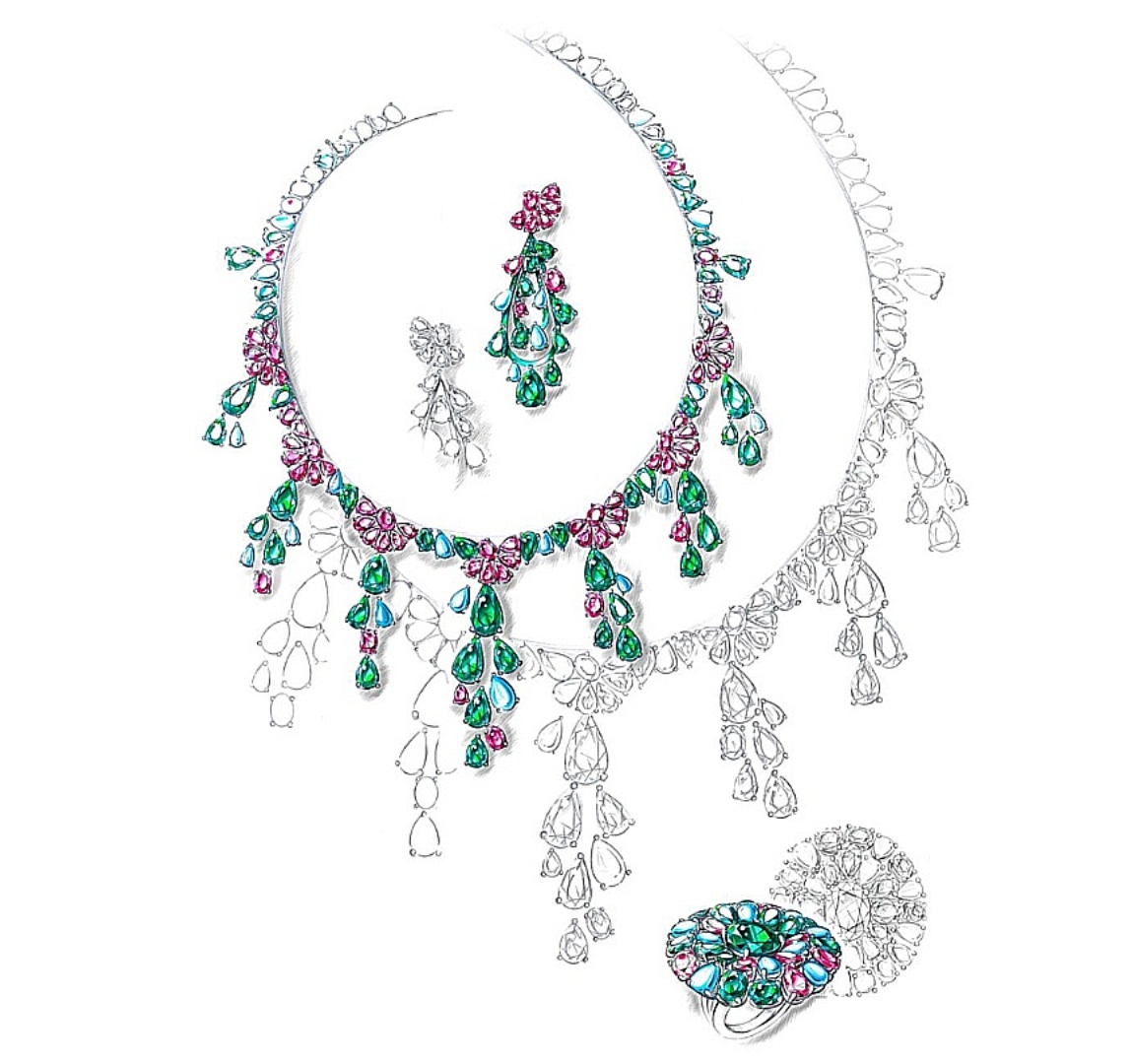 Парюра состоит из колье, серег и кольца из белого золота