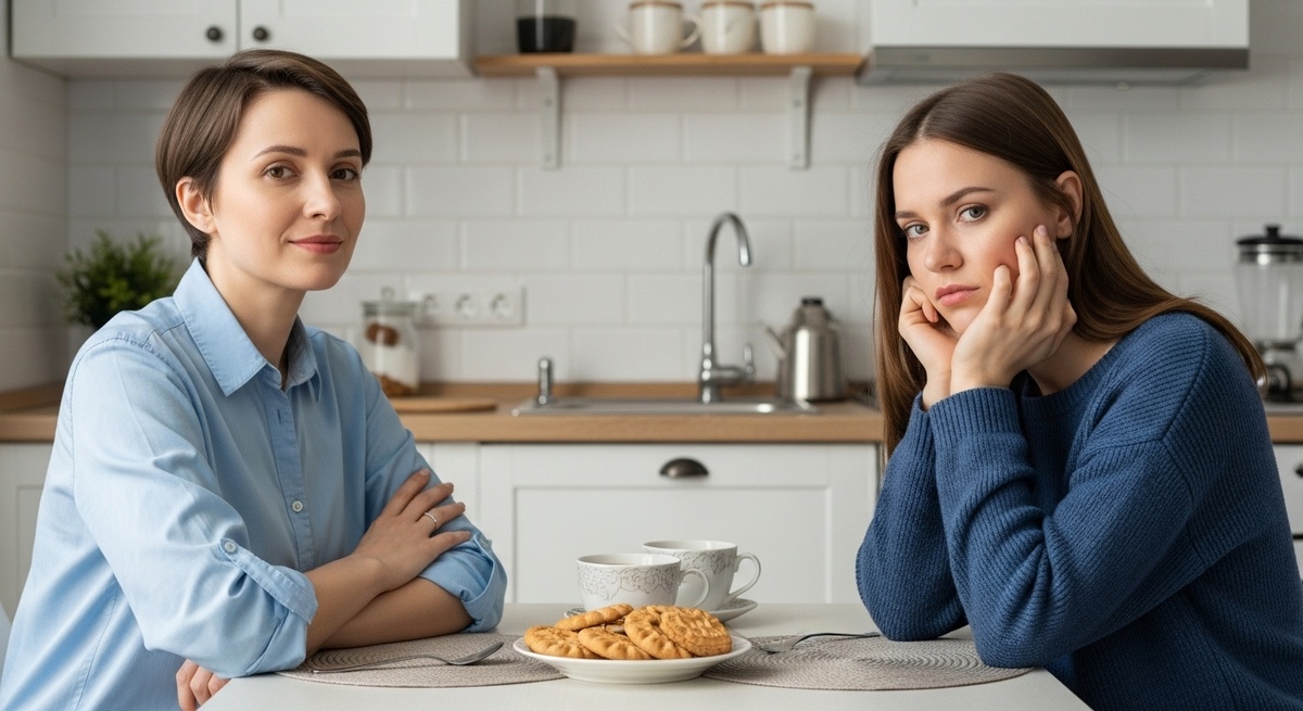 Диалог двух женщин: одна уверенная, другая — явно чувствует вину. Иллюстрация тонкой манипуляции через эмоции.