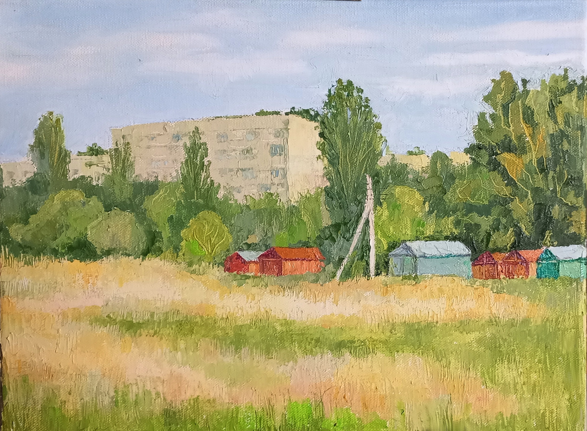 «За гаражами. Окраины Донецка» Холст. Масло. 2025 год Канал «Донецк есть»