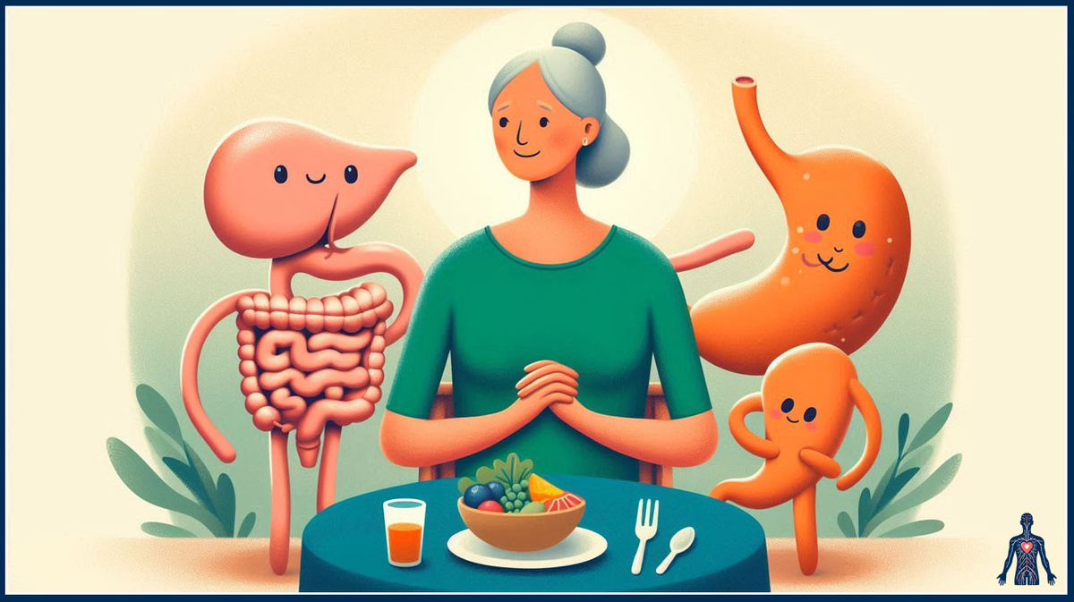 Женщина 50 лет сидит за столом с небольшой тарелкой здоровой пищи