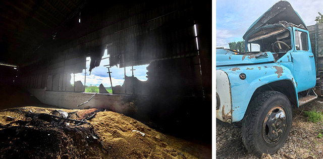    В селе Дурово Рыльского района при ударе дрона повреждены шесть единиц техники и два зерносклада