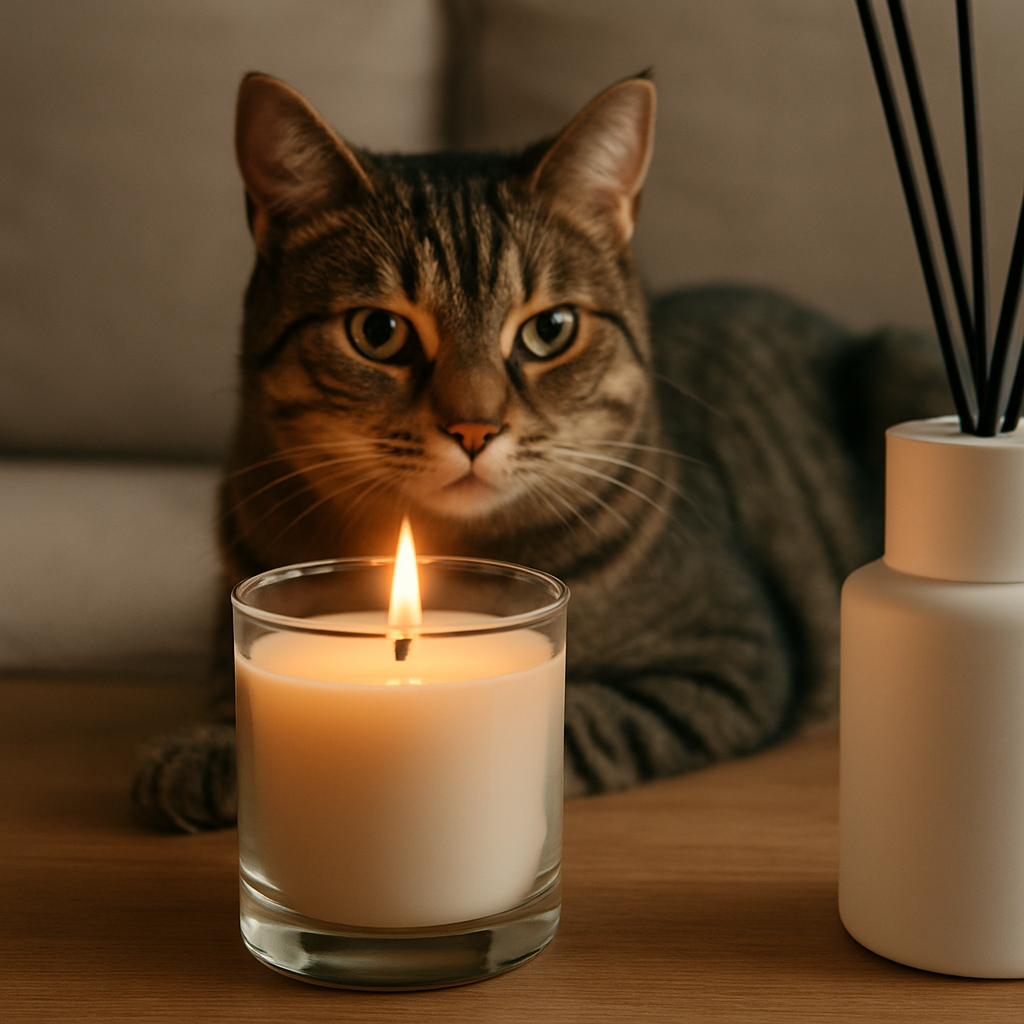 Кошка рядом со свечой и ароматическим диффузором