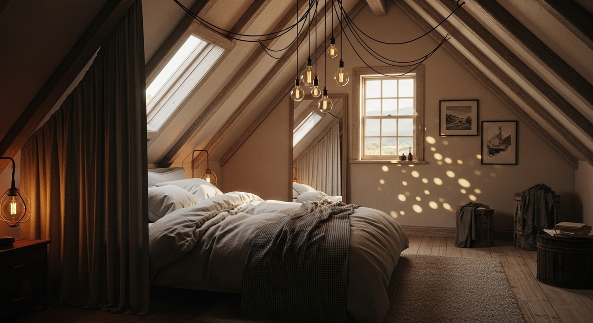 В мансардной спальне тишина, мягкий свет и приятные ткани создают настоящий домашний уют и чувство счастья.