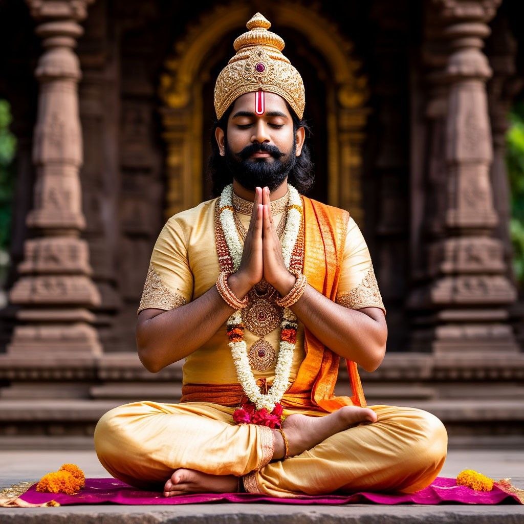 Царь Бхагиратхи оращается к Брахме, чтобы он  приказал Ганге спуститься, и к Шиве, чтобы он укротил её буйный нрав (нейросеть)