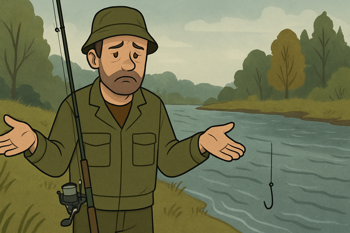 Рыбак расстроен, он не поймал ни одной рыбы