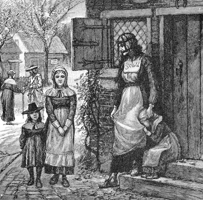 Литография, изображающая наказание маской позора женщины из Новой Англии за ругань. /Фото: en.wikipedia.org