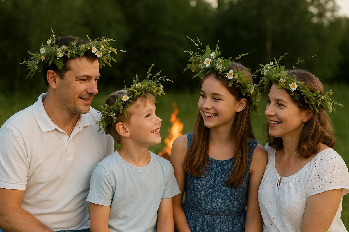 Семья с изготовленными венками