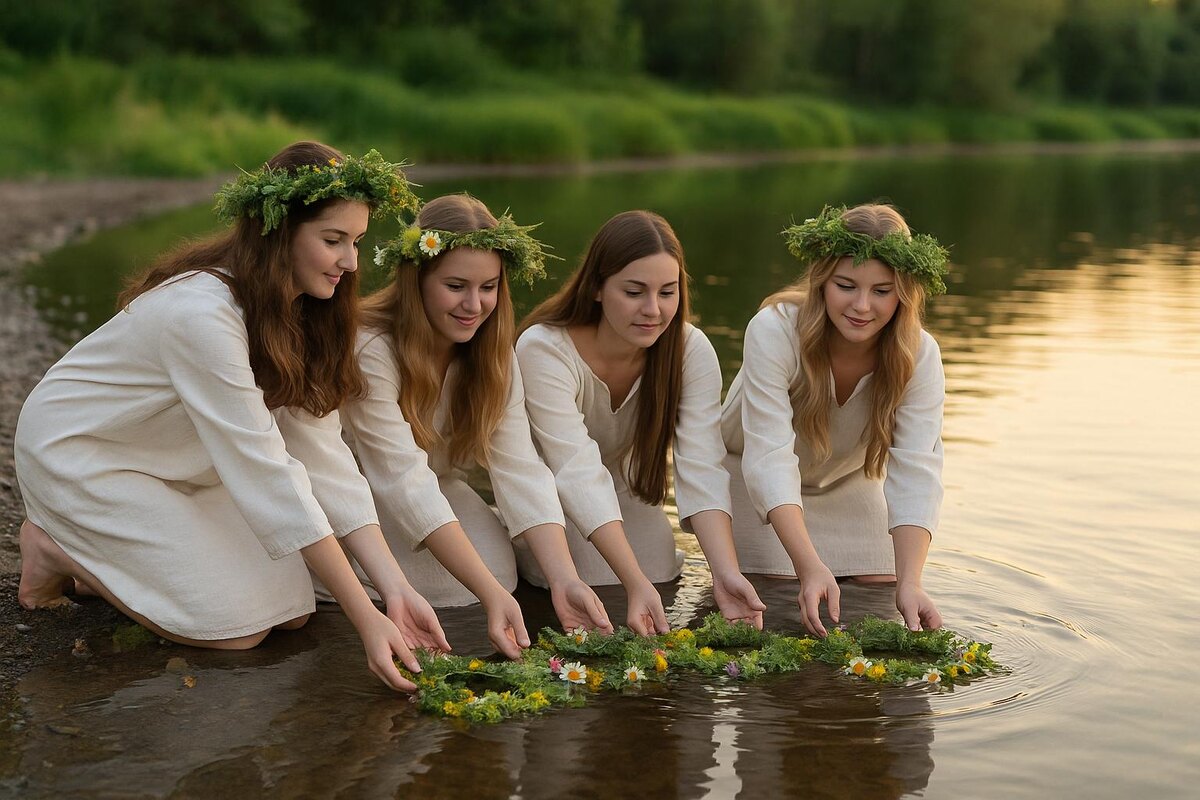 Девушки пускают венки в реку