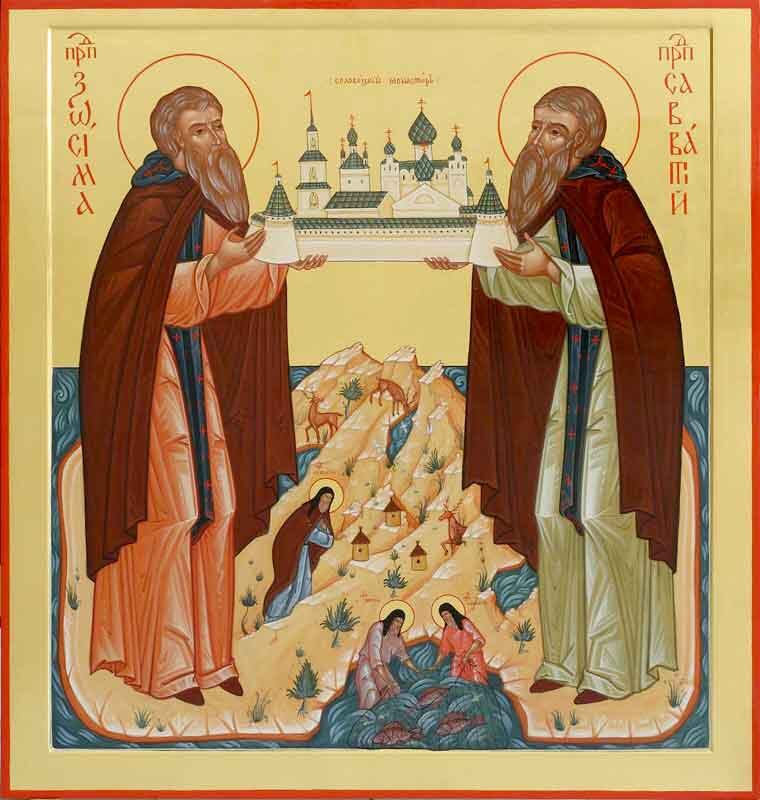 Святые Зосима и Савватий держат модель Соловецкого монастыря — обители, где процветало пчеловодство. Источник: житийная икона XV-XVI века, Public Domain
