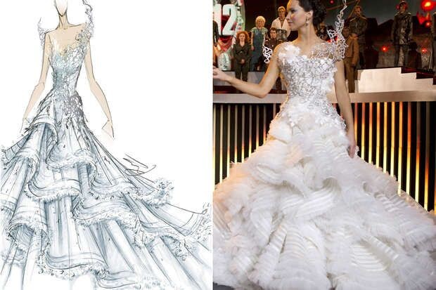 Эскиз платья / Кадр из фильма «Голодные игры. И вспыхнет пламя»