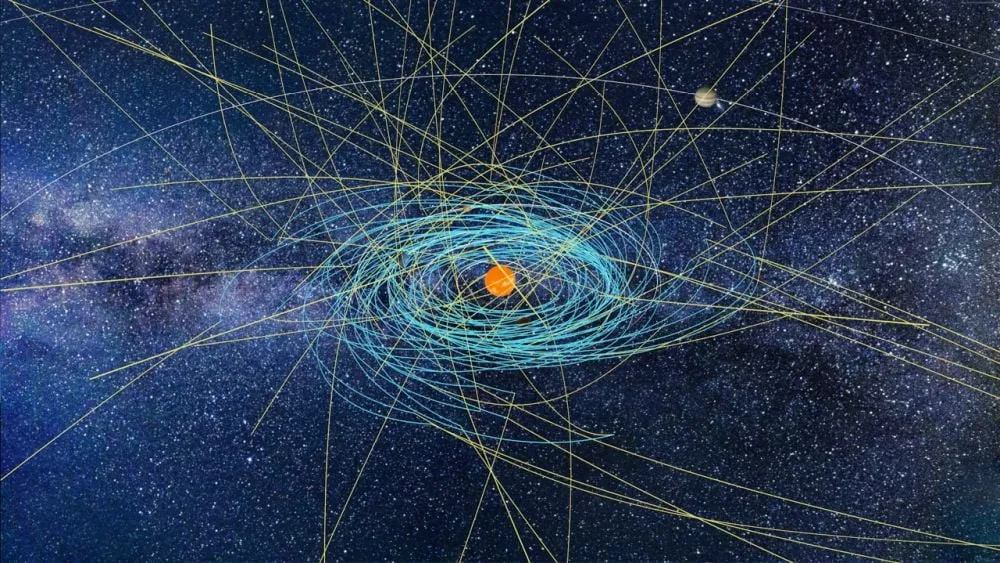Гипотетические траектории межзвёздных объектов (жёлтые) и космических аппаратов (синие), направленных к ним.