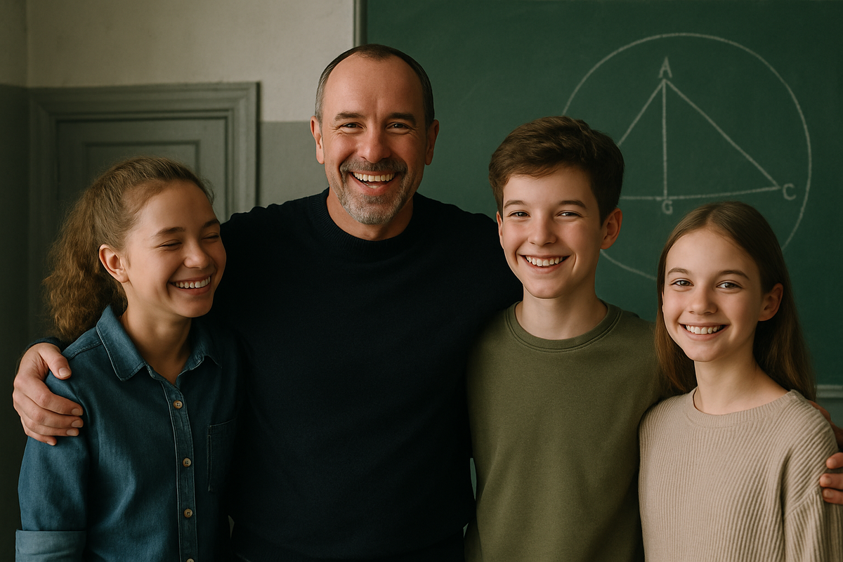 Счастливые ученики после урока геометрии 