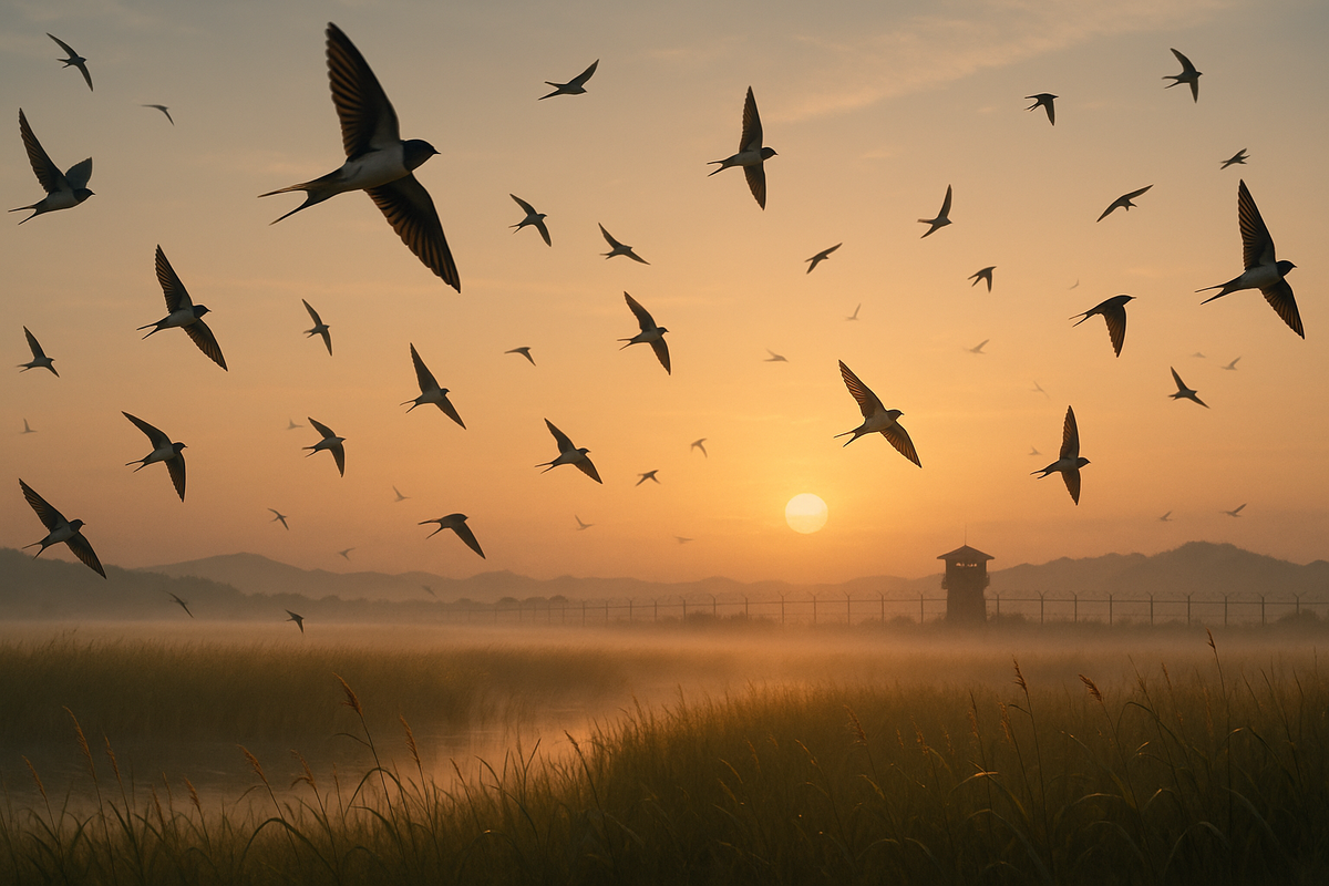 На рассвете ласточки кружат над туманными болотами у эстуария реки Хан в корейской демилитаризованной зоне; на горизонте видны колючая проволока и одинокая сторожевая вышка — напоминание о разделении, но свободный полёт птиц вселяет ощущение надежды.