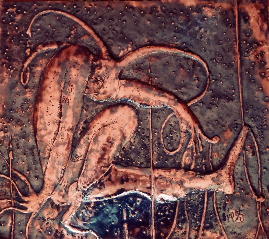 "Арлекин ". Панно . Чеканка . Медь. 60 х 69 Иркутск 2025