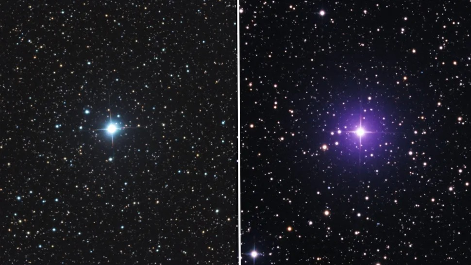 Две яркие новые звезды, одновременно светящиеся на ночном небе: V572 Velorum (слева) и V462 Lupi (справа). Это может быть первый случай, когда невооруженным глазом было видно более одной новой звезды одновременно. Изображение: Eliot Herman