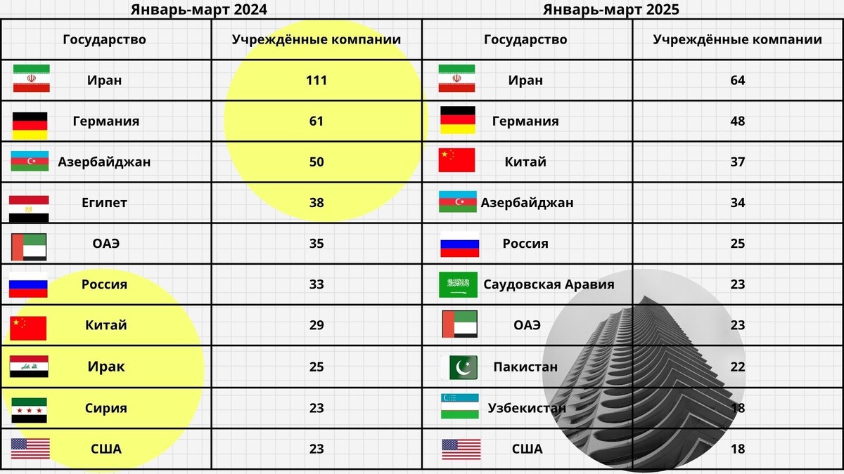 Количество учреждённых компаний с иностранных капиталом: распределение по странам. Источник данных: https://tepav.s3.eu-west-1.amazonaws.com/upload/files/1751087249756-0.TEPAV_Dogrudan_Yatrmlar_Bulteni2025_C1.pdf.