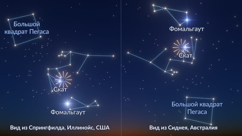 Радиант южных дельта-Акварид расположен рядом с тусклой звездой Скат (δ Водолея). Чтобы найти его на небе, можно использовать яркую звезду Фомальгаут и астеризм Большой квадрат Пегаса. В Северном полушарии радиант виден в южной части неба, а в Южном полушарии он располагается ближе к зениту. В левой части изображения показан вид из Спрингфилда (Иллинойс, США), в правой — вид из Сиднея (Австралия).
