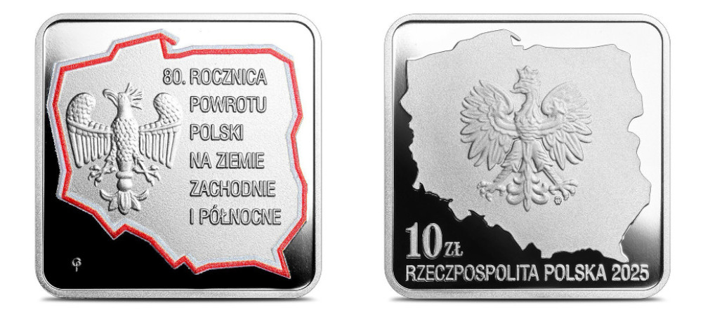    Квадратная памятная монета Польши 2025 года с изображением орлов