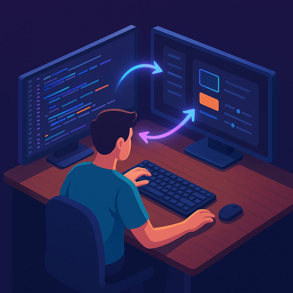 Программист работает за двумя мониторами: слева — кодовый редактор, справа — визуальный интерфейс; неоновые стрелки между экранами символизируют мгновенную двустороннюю синхронизацию изменений через LSP.