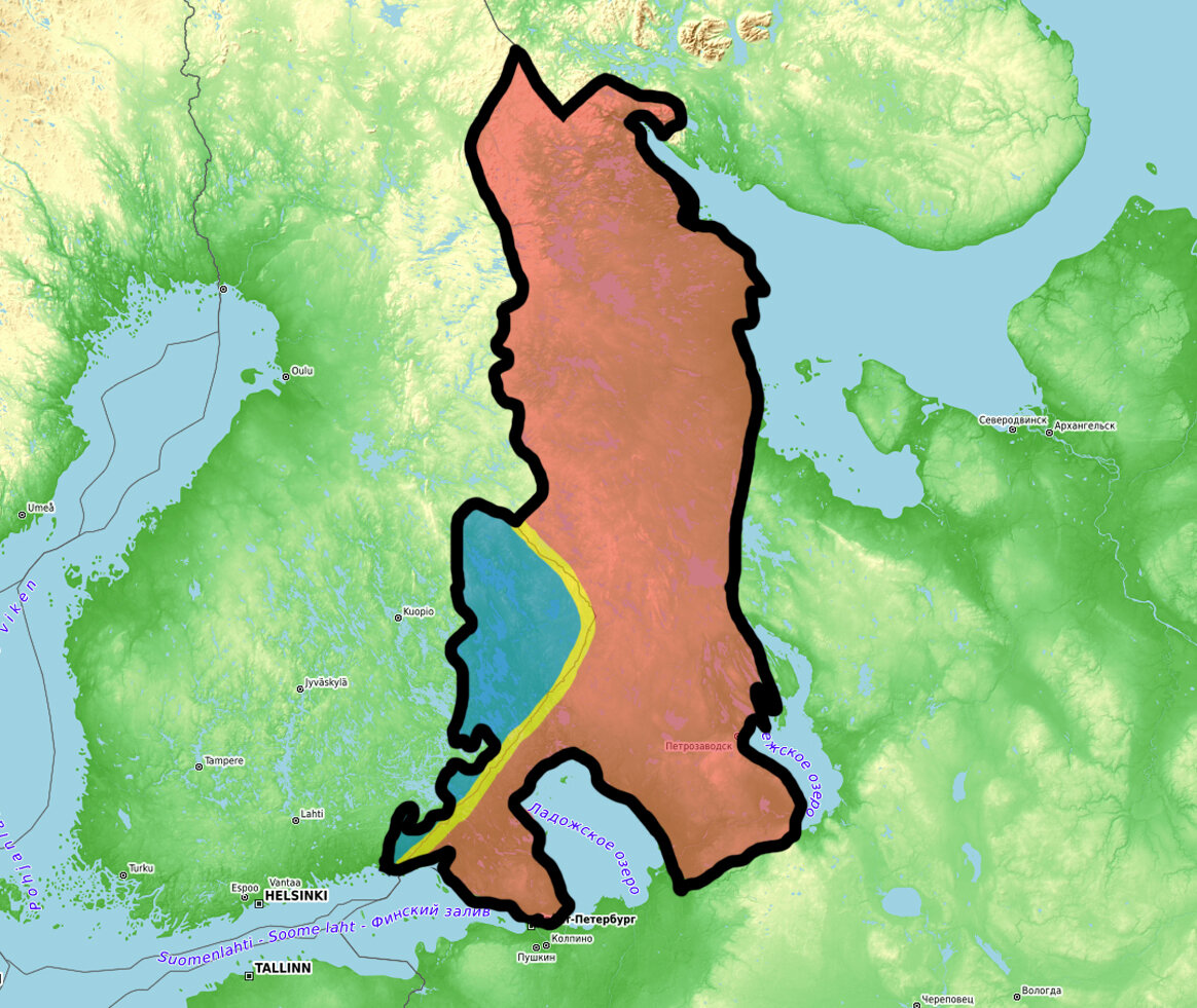 Современное деление Карелии по принадлежности к странам. Синее - Финляндия, красное - Россия