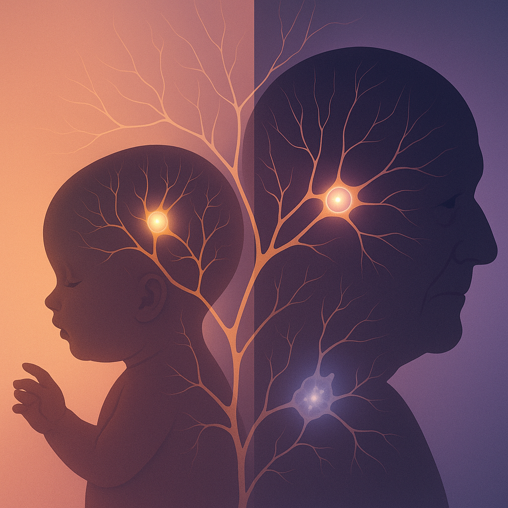 Два силуэта — младенца и пожилого человека — объединены одной ветвистой сетью светящихся нейронов, намекающей, что часть «первоначальных» клеток (нейроны и клетки хрусталика) остаётся с нами от рождения до самой смерти.