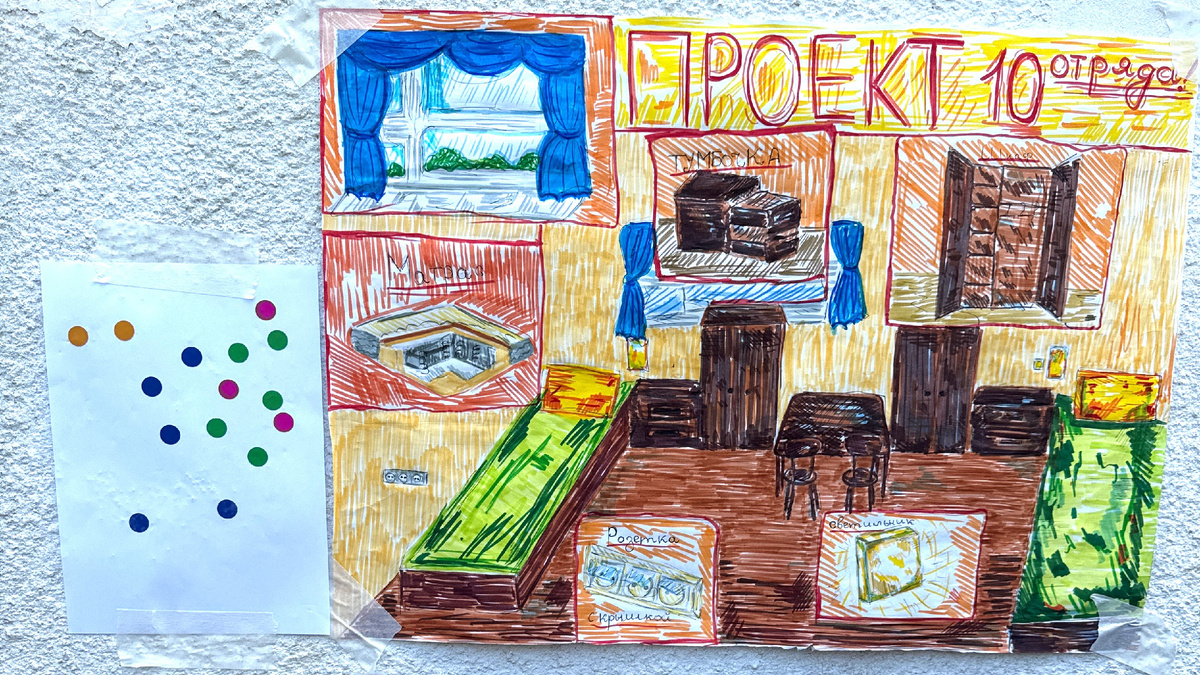 Листочек с приклеенными фишками - это голосование: чем больше фишек, тем больше голосов ребят за этот проект.