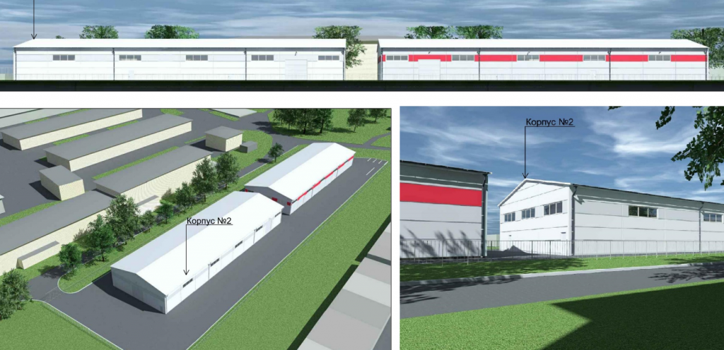    В комплекс войдет два одноэтажных белых здания со скатной крышей