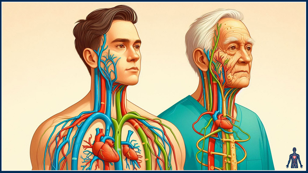 Иллюстрация показывающая двух персонажей - молодого человека 25 лет и человека 50 лет, стоящих рядом