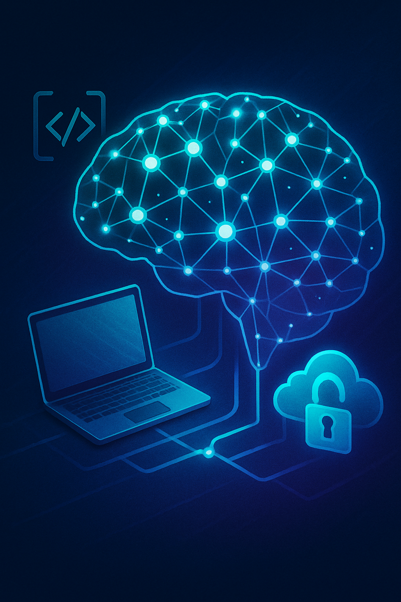 Неоновый граф-мозг соединяется линиями с ноутбуком и облаком с открытым замком, подчёркивая приватную, но переносимую память, управляемую пользователем.