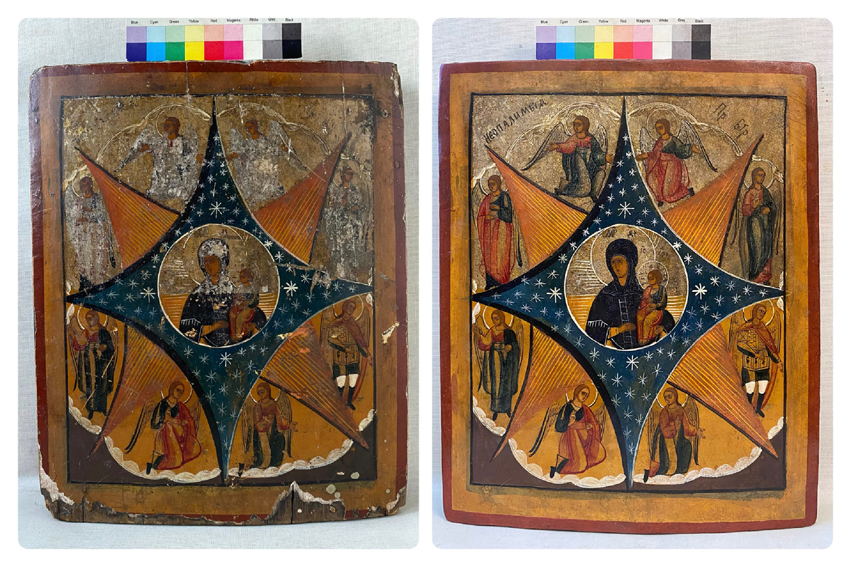 Икона до и после реставрации. Образ Богородицы «Неопалимая Купина», темперная живопись, 19 век
