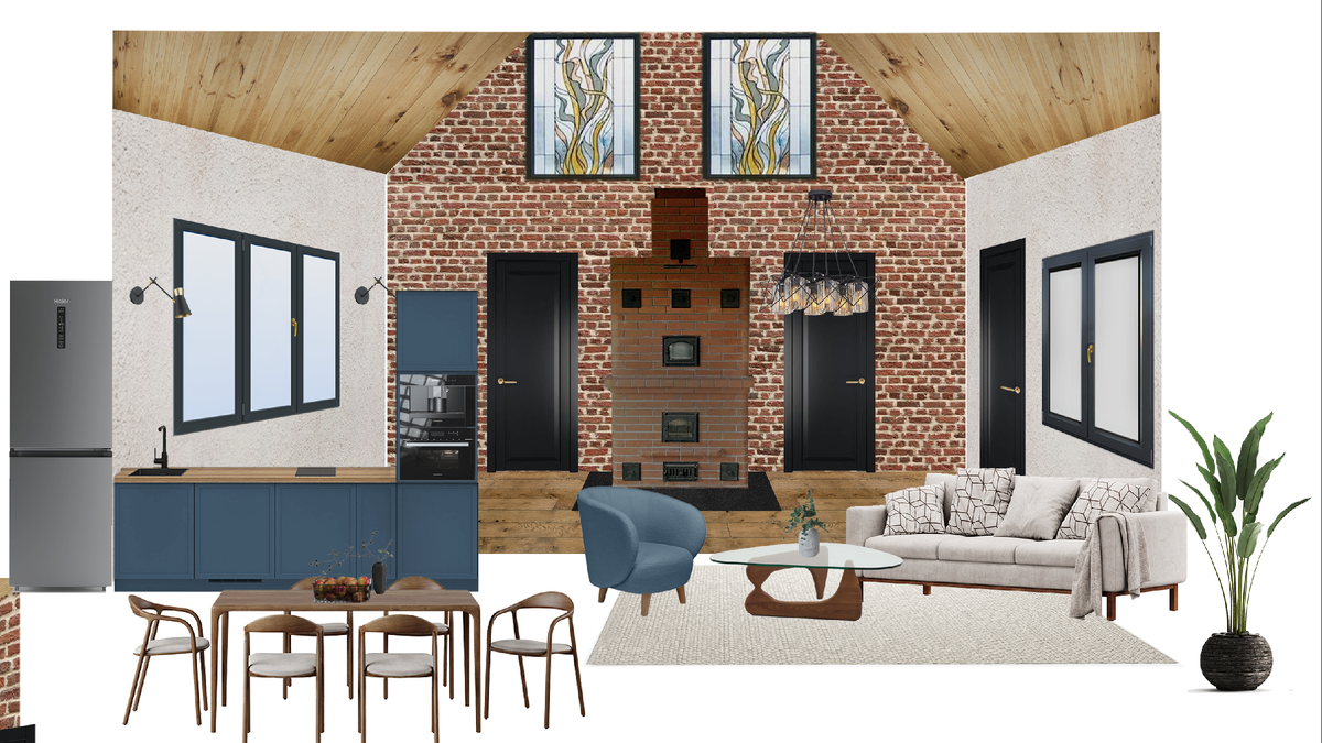 Эскиз - дизайн кухни-гостиной в светлых тонах с максимально натуральными материалами. 