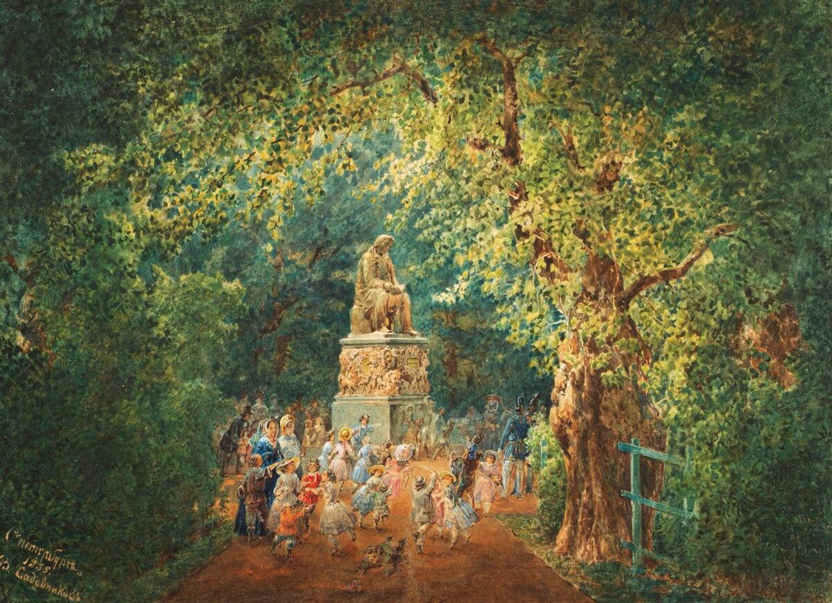 Василий Садовников «Петербург. Памятник Крылову в Летнем саду», 1855 г.