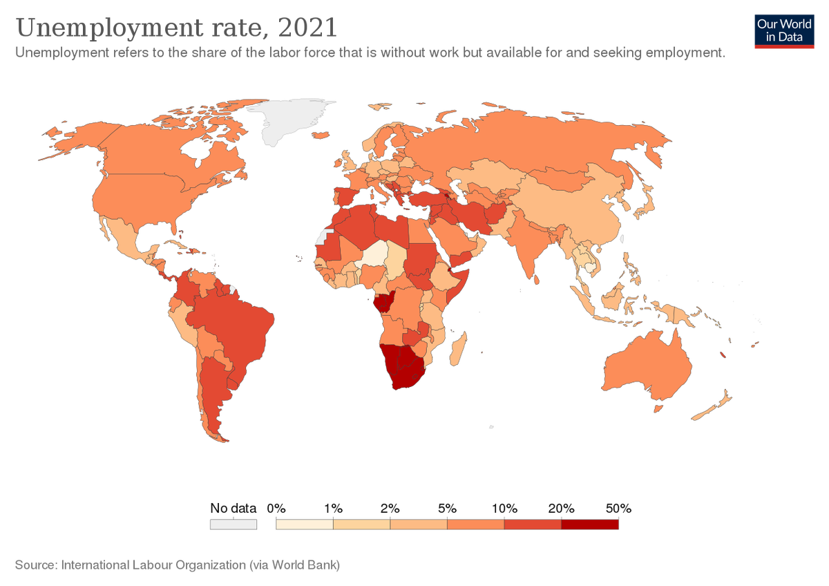 Безработица по всему миру на 2021 год. Авторство: Our World In Data. https://ourworldindata.org/grapher/unemployment-rate, CC BY 3.0, https://commons.wikimedia.org/w/index.php?curid=86956120