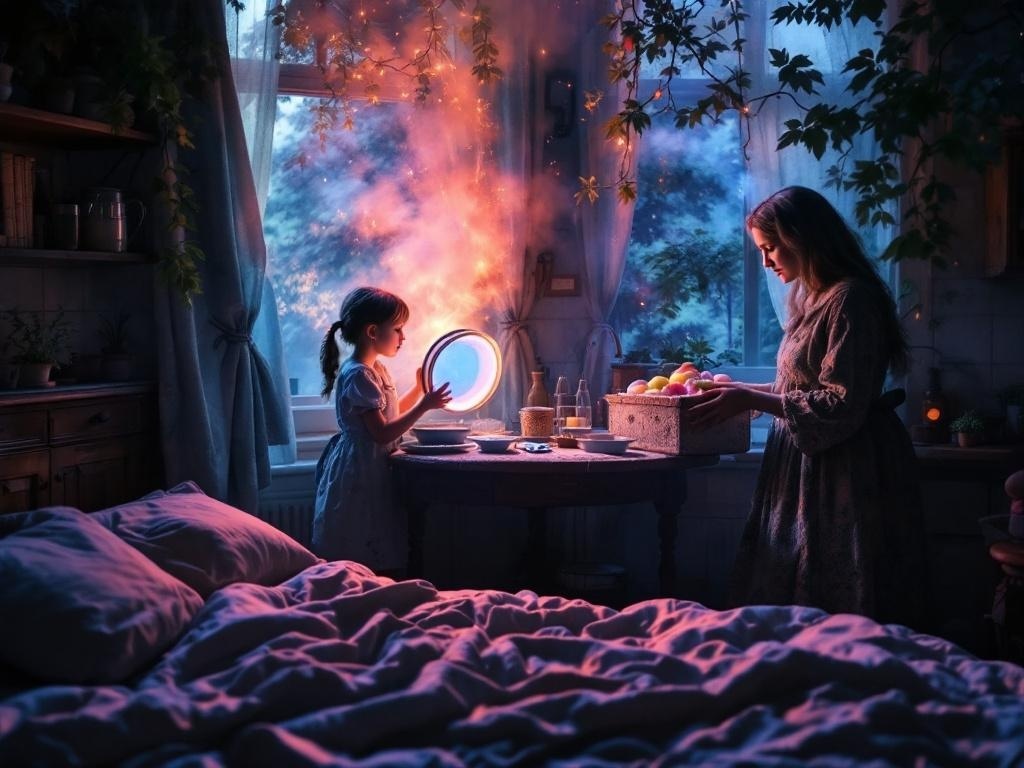    К чему такое снится: На картине изображена деревенская кухня, где внучка пытается пройти мимо бабушки, держа в руках необычную круглую крышку и коробку. Бабушка, стоя возле стола, подозр