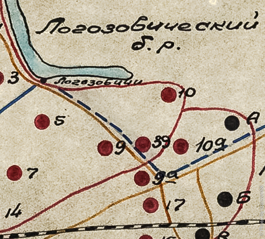 На фрагменте Схемы Псковской УП [РГВА, Ф. 22, Оп. 32, Д. 2830, Л. 28]*, предположительно 1935 года, попадает место стыка тыловых частей Логозовического и Нееловских БРО, а так же видно взаимное расположение ДОТ 9а с другими огневыми точками.